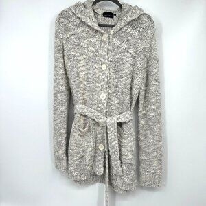 Brittany Black Sweater Womens Large white Long Knit Ribbed Hooded Cardigan woman